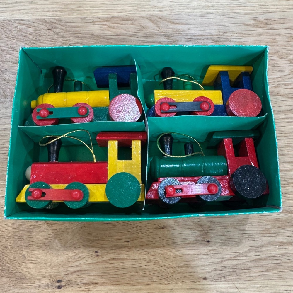 Vintage Wooden Train Christmas Ornaments Set of 4 Colorful Steam Engines